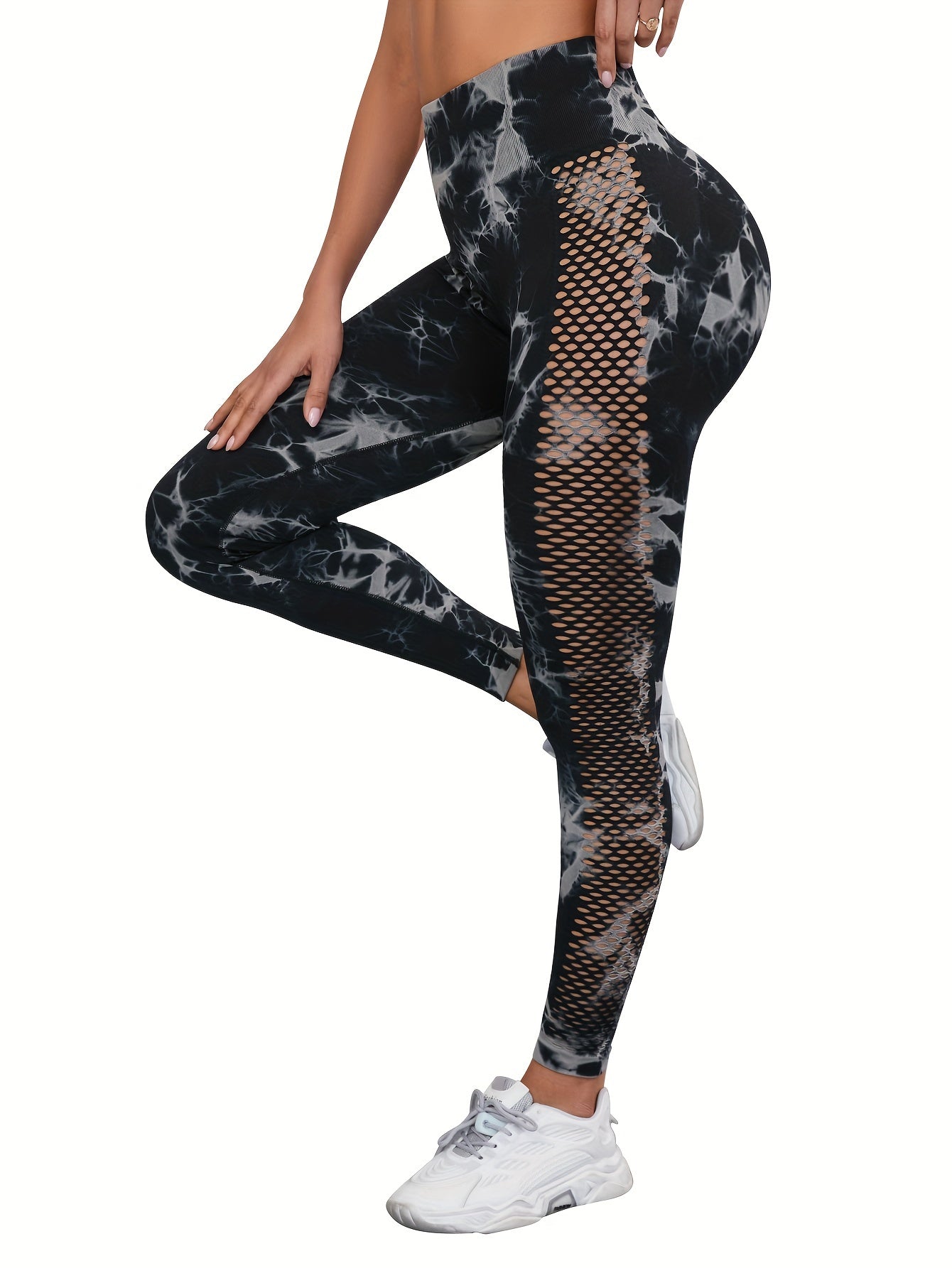 Tie Dye High Stretch Sports Leggings, High Waist Hollow Out Running Yoga Pants, Women's Activewear