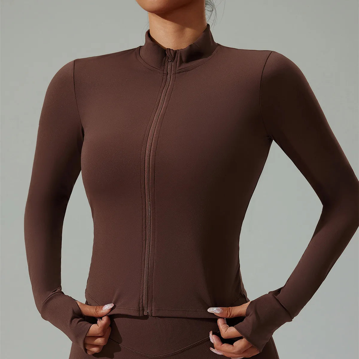 Women Zip Yoga Jacket Outdoor Running Sports Jacket Gym Push Up Fitness Long Sleeved Jacket Quick Drying Thumb Button Yoga Top