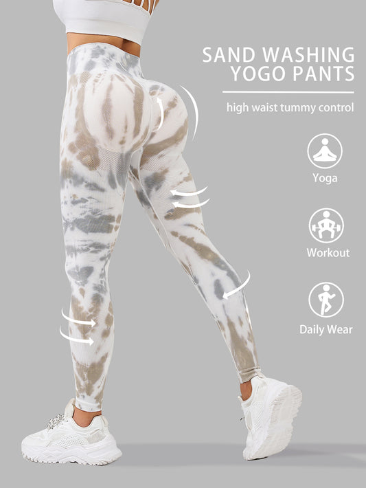 Women's High-Waisted Tummy Control Yoga Pants - Tie-Dye Print Workout Leggings with 90% Nylon/10% Elastane, 4-Way Stretch for Running, Gym & Summer Fitness - Machine Washable