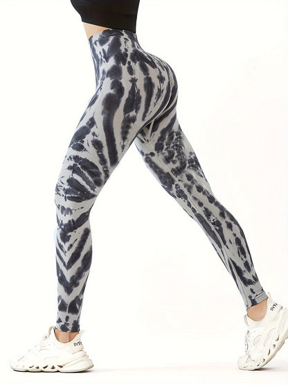 Women's High-Waisted Tummy Control Yoga Pants - Tie-Dye Print Workout Leggings with 90% Nylon/10% Elastane, 4-Way Stretch for Running, Gym & Summer Fitness - Machine Washable