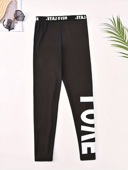 Girls' High-Waisted Tight-Fitting Leggings - Full-Length Yoga Pants with White 'LOVE' Lettering & Heart Print, Opaque Workout Tights for, Gym, Dance, - Machine Washable Slim-Fit Athletic Wear (Black), Perfect for Outdoor