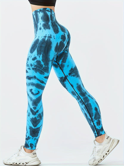 Women's High-Waisted Tummy Control Yoga Pants - Tie-Dye Print Workout Leggings with 90% Nylon/10% Elastane, 4-Way Stretch for Running, Gym & Summer Fitness - Machine Washable