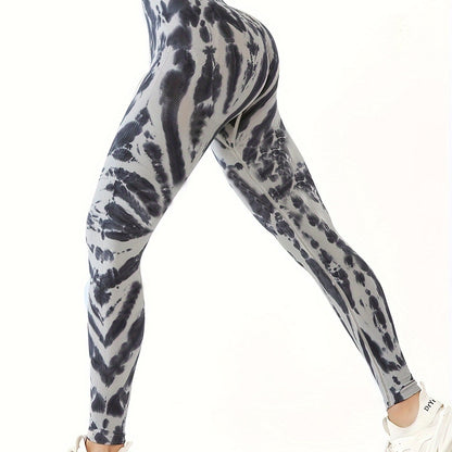 Women's High-Waisted Tummy Control Yoga Pants - Tie-Dye Print Workout Leggings with 90% Nylon/10% Elastane, 4-Way Stretch for Running, Gym & Summer Fitness - Machine Washable
