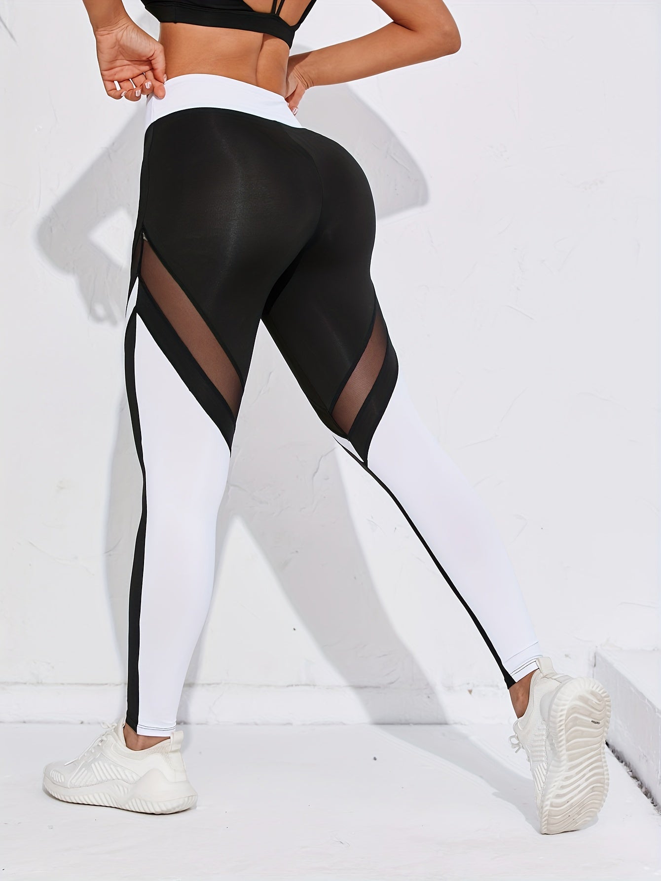 Color Block Mesh Contrast Workout Yoga Pants, Stretchy Fitness Running Sports Leggings, Women's Activewear