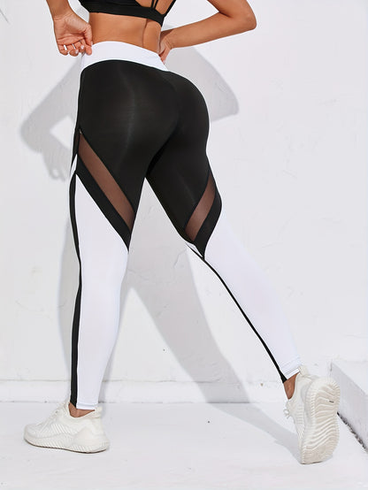 Color Block Mesh Contrast Workout Yoga Pants, Stretchy Fitness Running Sports Leggings, Women's Activewear