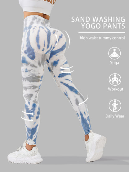 Women's High-Waisted Tummy Control Yoga Pants - Tie-Dye Print Workout Leggings with 90% Nylon/10% Elastane, 4-Way Stretch for Running, Gym & Summer Fitness - Machine Washable