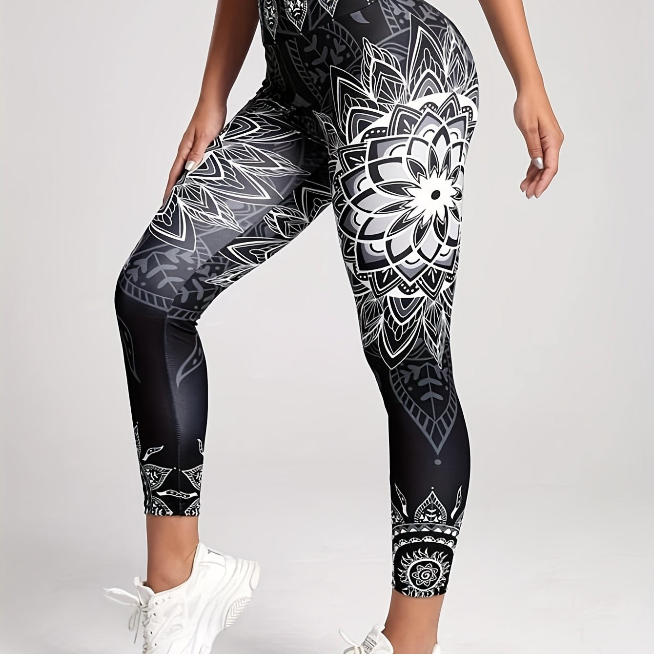 Lotus Flower Graphic High Waist Yoga Pants, Stretch Running Fitness Workout Leggings, Women's Activewear