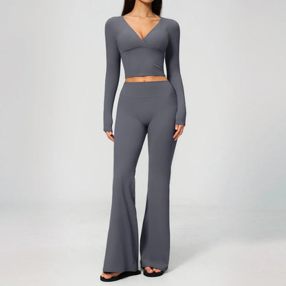 Yoga Set 2PCS Women Outfits Workout Clothes Athletic Wear Gym Legging Fitness Bra Crop Top Long Sleeve Sports Suits Sportswear