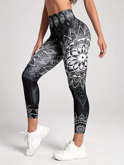 Lotus Flower Graphic High Waist Yoga Pants, Stretch Running Fitness Workout Leggings, Women's Activewear
