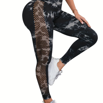 Tie Dye High Stretch Sports Leggings, High Waist Hollow Out Running Yoga Pants, Women's Activewear