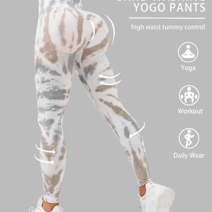 Women's High-Waisted Tummy Control Yoga Pants - Tie-Dye Print Workout Leggings with 90% Nylon/10% Elastane, 4-Way Stretch for Running, Gym & Summer Fitness - Machine Washable