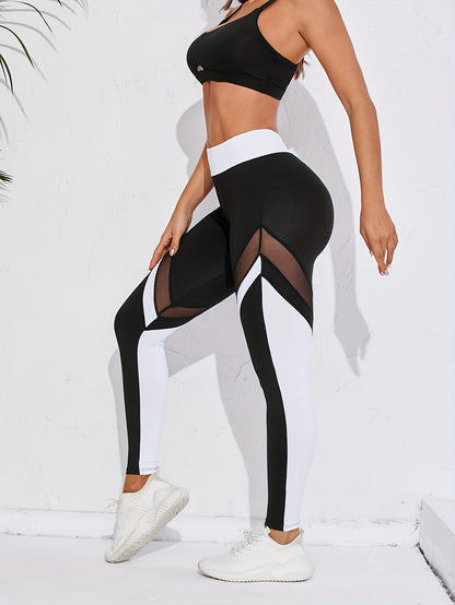 Color Block Mesh Contrast Workout Yoga Pants, Stretchy Fitness Running Sports Leggings, Women's Activewear