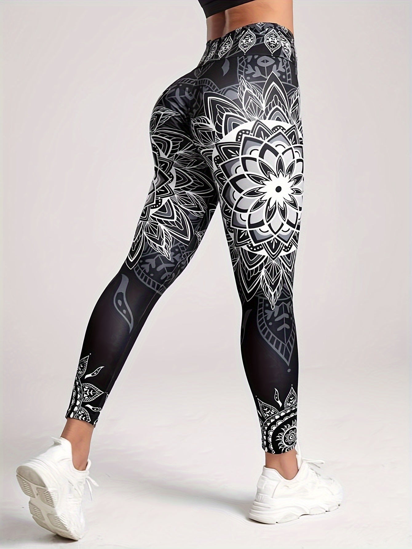 Lotus Flower Graphic High Waist Yoga Pants, Stretch Running Fitness Workout Leggings, Women's Activewear