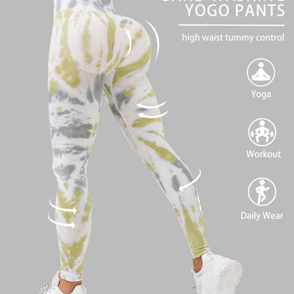 Women's High-Waisted Tummy Control Yoga Pants - Tie-Dye Print Workout Leggings with 90% Nylon/10% Elastane, 4-Way Stretch for Running, Gym & Summer Fitness - Machine Washable