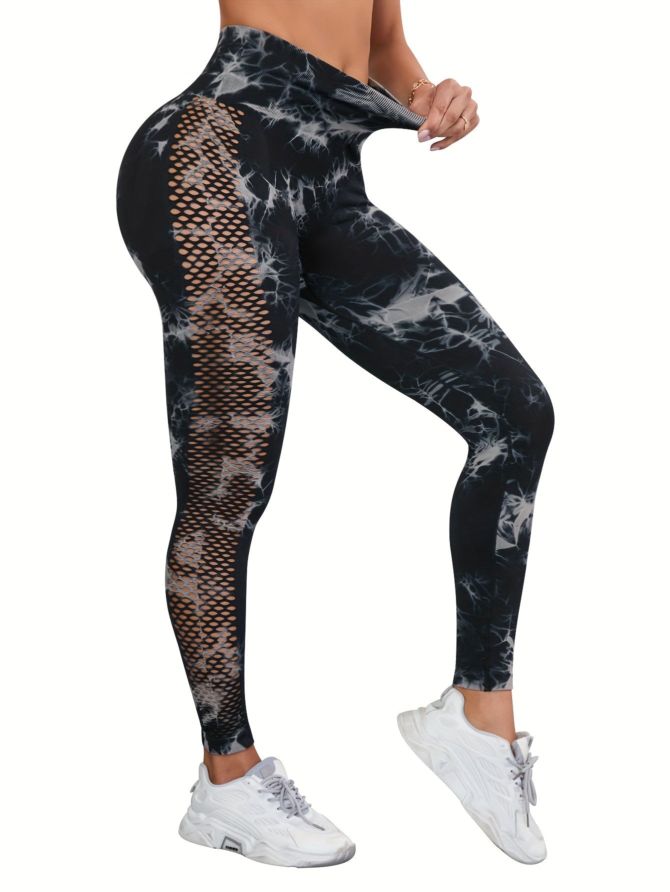 Tie Dye High Stretch Sports Leggings, High Waist Hollow Out Running Yoga Pants, Women's Activewear