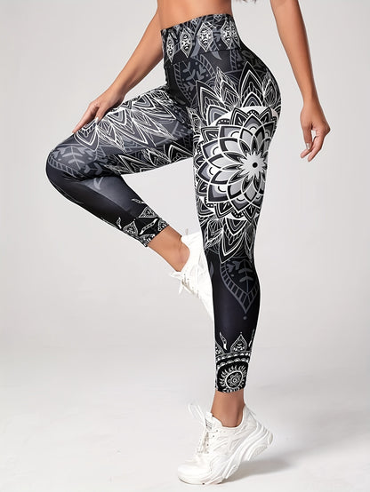Lotus Flower Graphic High Waist Yoga Pants, Stretch Running Fitness Workout Leggings, Women's Activewear