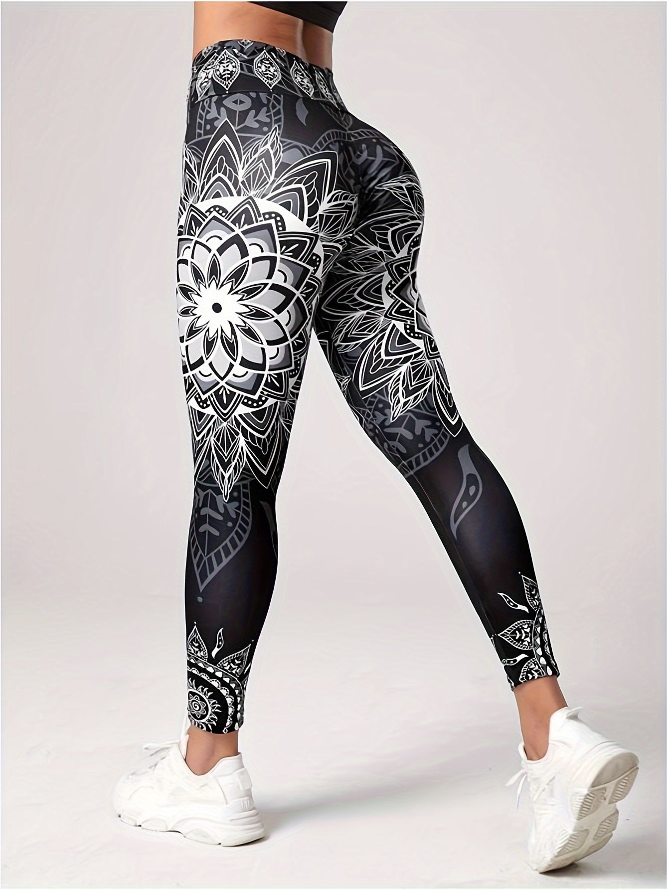 Lotus Flower Graphic High Waist Yoga Pants, Stretch Running Fitness Workout Leggings, Women's Activewear