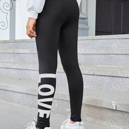 Girls' High-Waisted Tight-Fitting Leggings - Full-Length Yoga Pants with White 'LOVE' Lettering & Heart Print, Opaque Workout Tights for, Gym, Dance, - Machine Washable Slim-Fit Athletic Wear (Black), Perfect for Outdoor