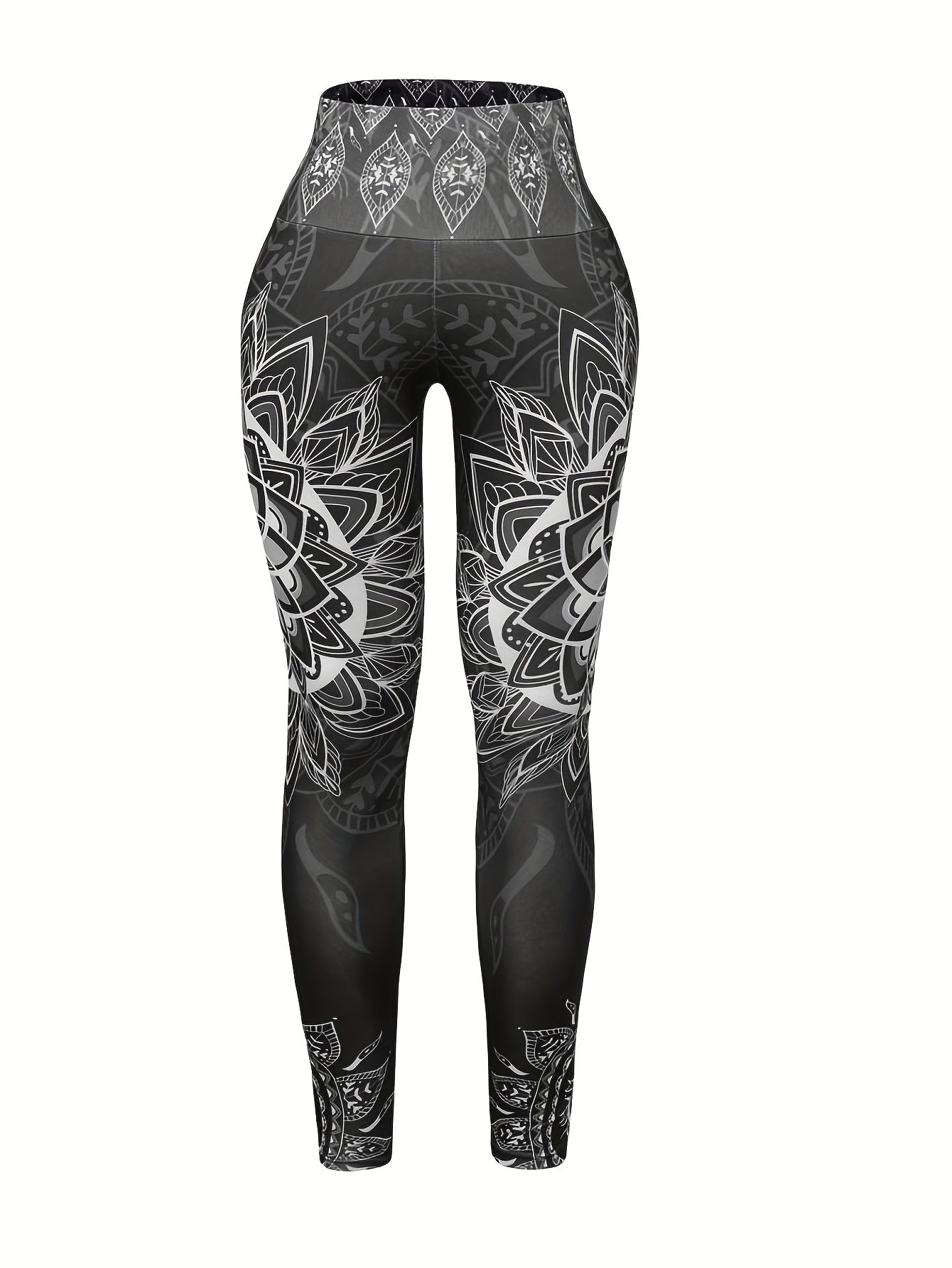 Lotus Flower Graphic High Waist Yoga Pants, Stretch Running Fitness Workout Leggings, Women's Activewear