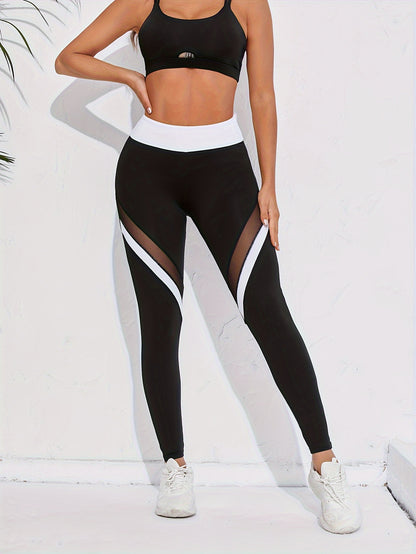 Color Block Mesh Contrast Workout Yoga Pants, Stretchy Fitness Running Sports Leggings, Women's Activewear