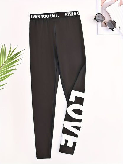 Girls' High-Waisted Tight-Fitting Leggings - Full-Length Yoga Pants with White 'LOVE' Lettering & Heart Print, Opaque Workout Tights for, Gym, Dance, - Machine Washable Slim-Fit Athletic Wear (Black), Perfect for Outdoor